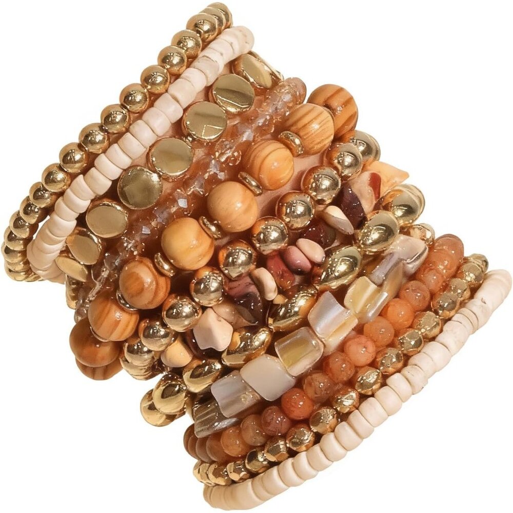 12 Pcs Boho Beaded Bracelets for Women, Brown Orange Bohemian Stackable Gold Bea